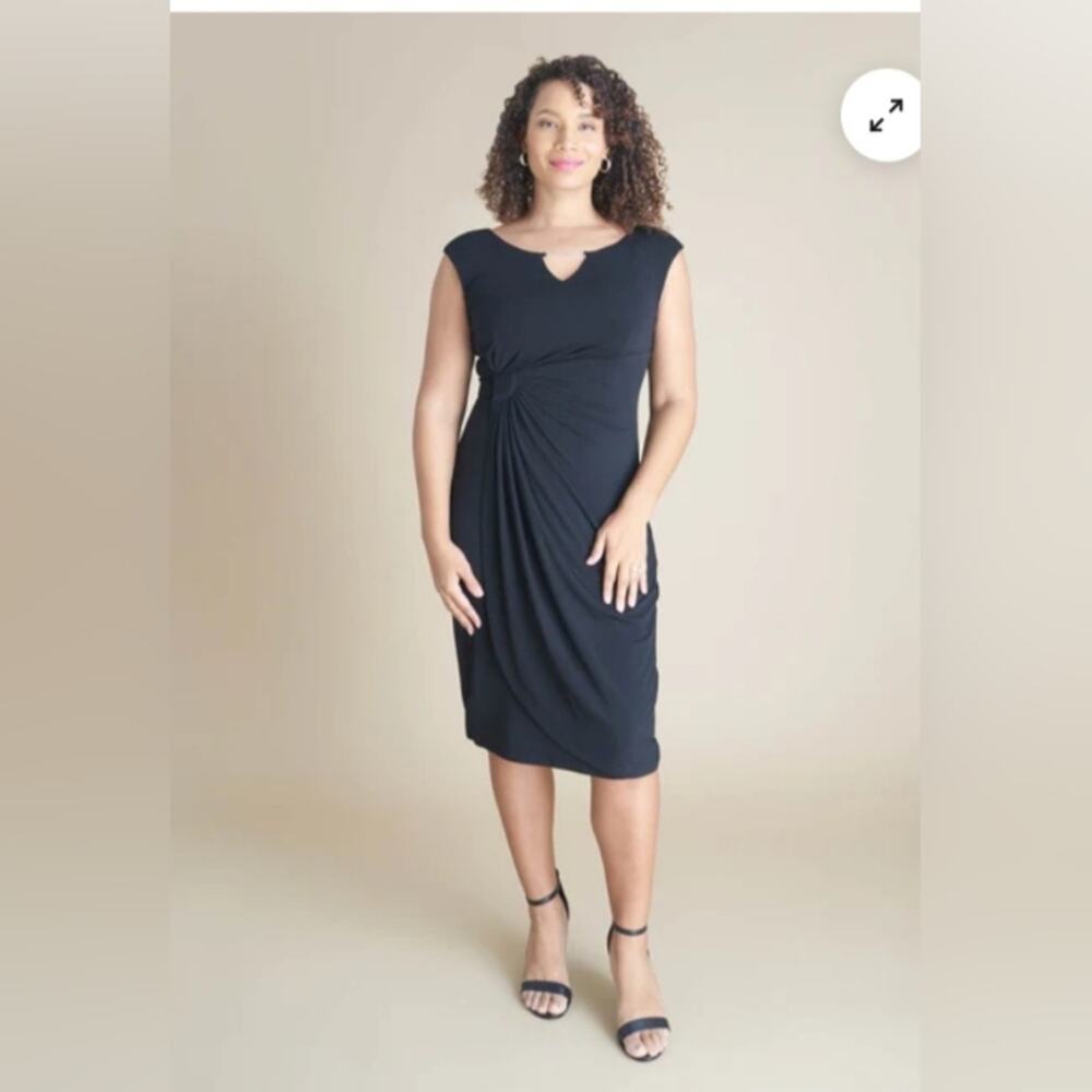 Connected Apparel Lisa Metal Detail Bar Black Faux Wrap Rouch Midi Dress Size 10